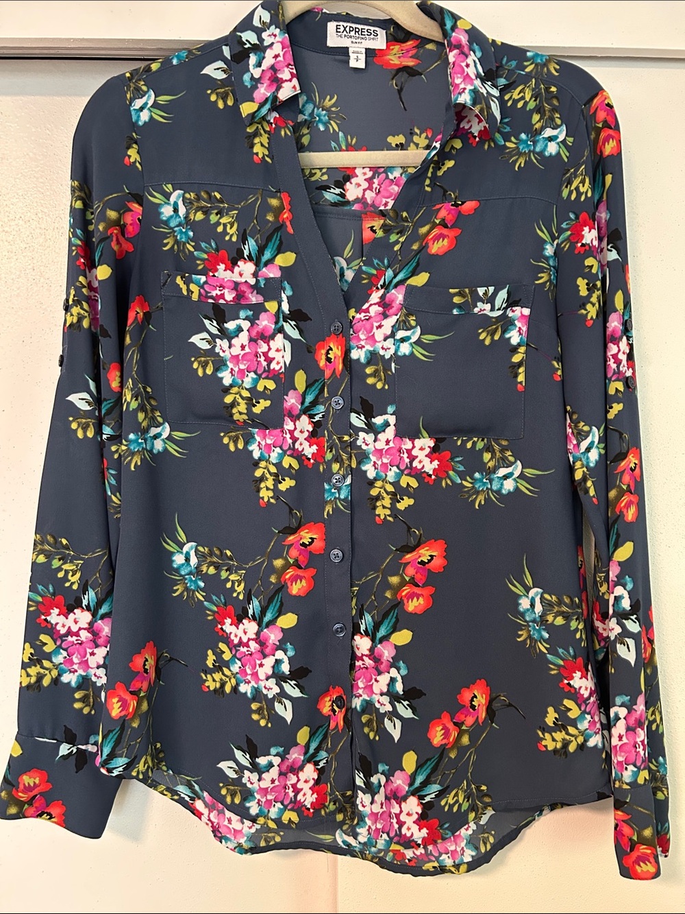 Express Navy Floral Button-Down Shirt with Pink & Red Blooms